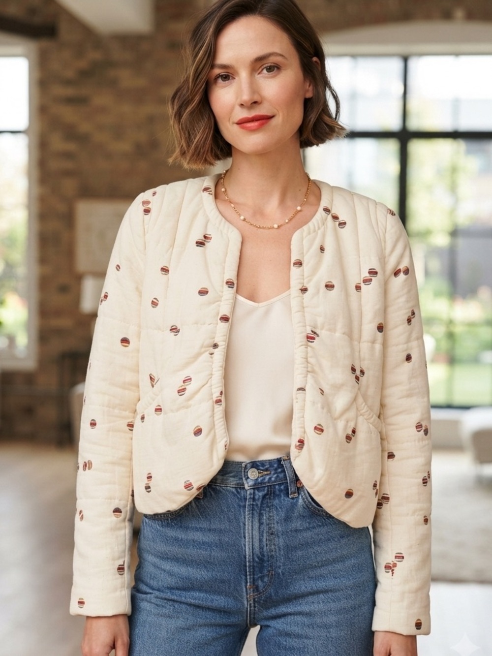 Aritzia Wilfred Little Moon Sz 2 Quilted Cream Balls Novelty Print Jacket